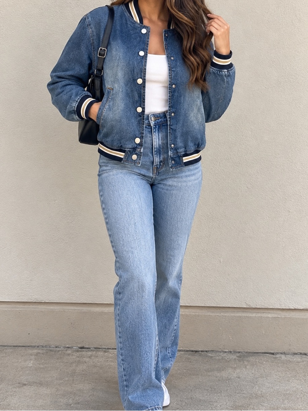 Madden Girl Denim Varsity Bomber Jacket Blue S Cropped Y2K